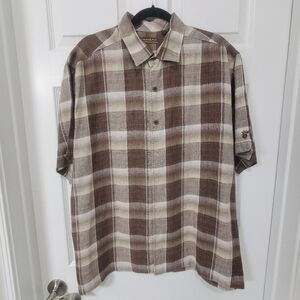 Men's Cubavera Brown Plaid Short Sleeve Shirt 100% Linen